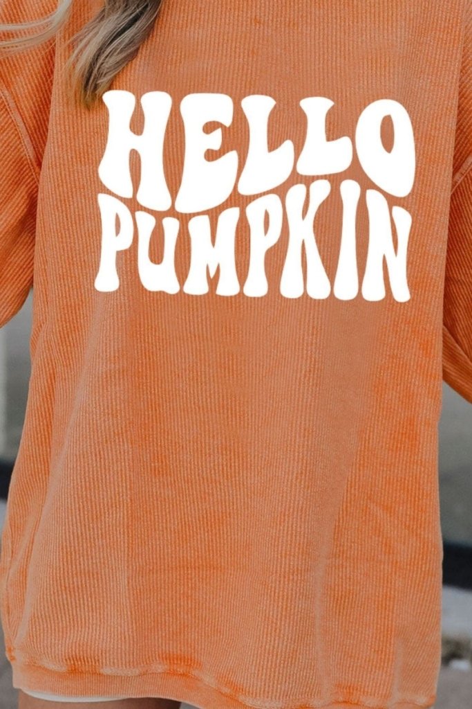 Round Neck Dropped Shoulder HELLO PUMPKIN Graphic Sweatshirt - Caramel by Trendsi from FREYA’S CLOSET