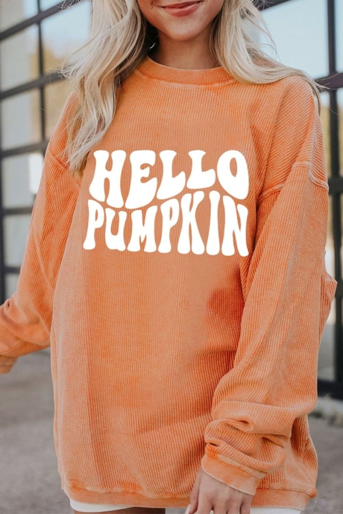 Round Neck Dropped Shoulder HELLO PUMPKIN Graphic Sweatshirt - Caramel by Trendsi from FREYA’S CLOSET