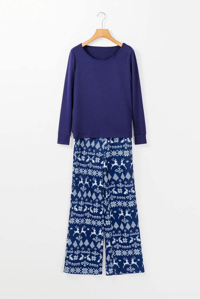 Round Neck Long Sleeve Top and Printed Pants Lounge Set - Navy by Trendsi from FREYA’S CLOSET