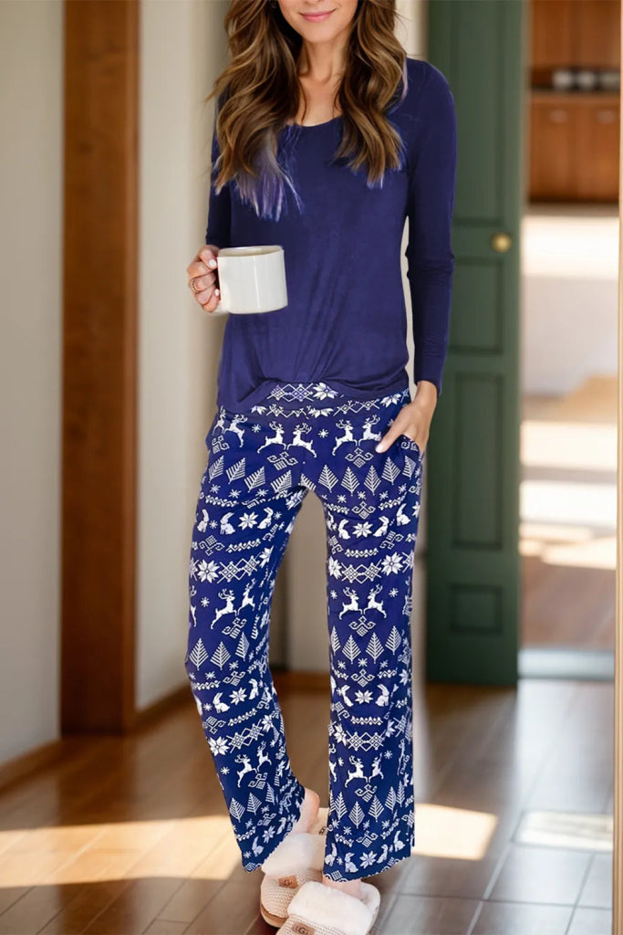 Round Neck Long Sleeve Top and Printed Pants Lounge Set - Navy by Trendsi from FREYA’S CLOSET
