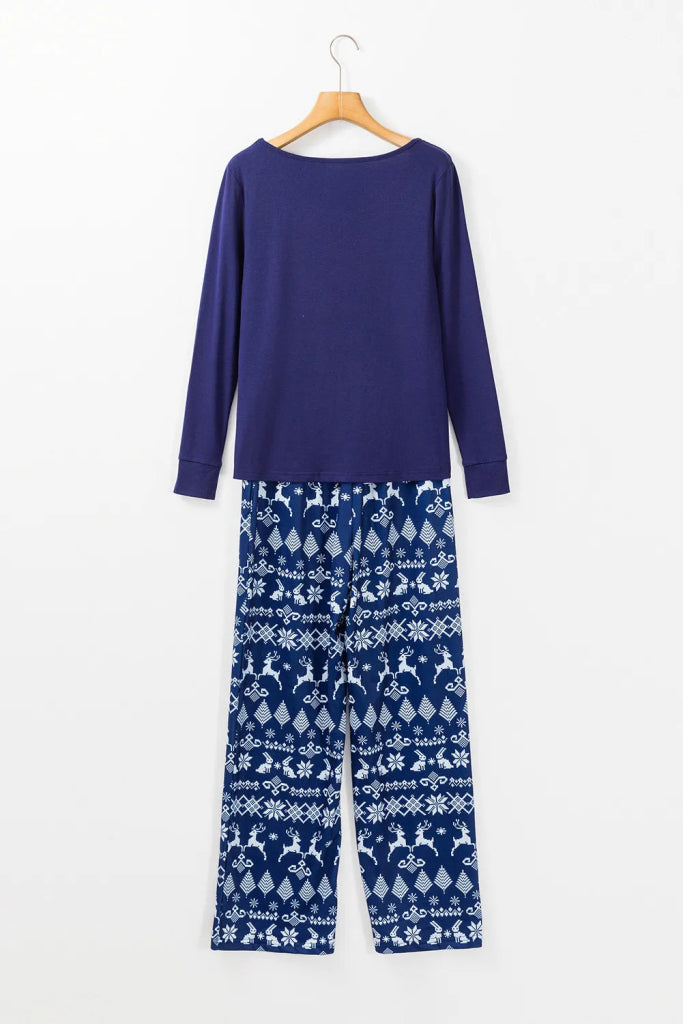 Round Neck Long Sleeve Top and Printed Pants Lounge Set - Navy by Trendsi from FREYA’S CLOSET