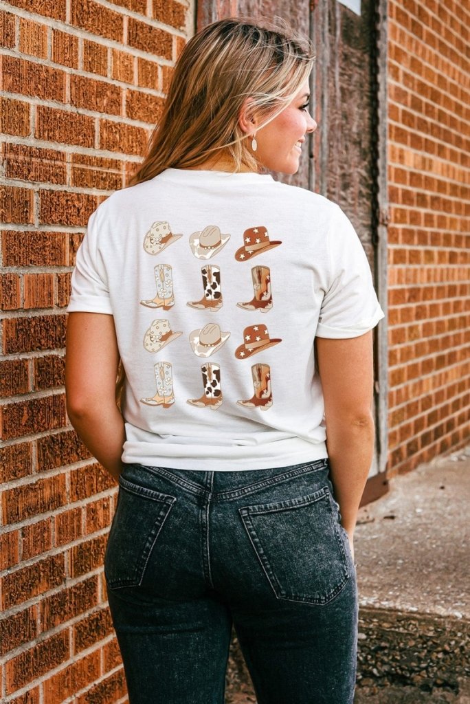 Round Neck Short Sleeve Cowboy Theme T-Shirt - White by Trendsi from FREYA’S CLOSET