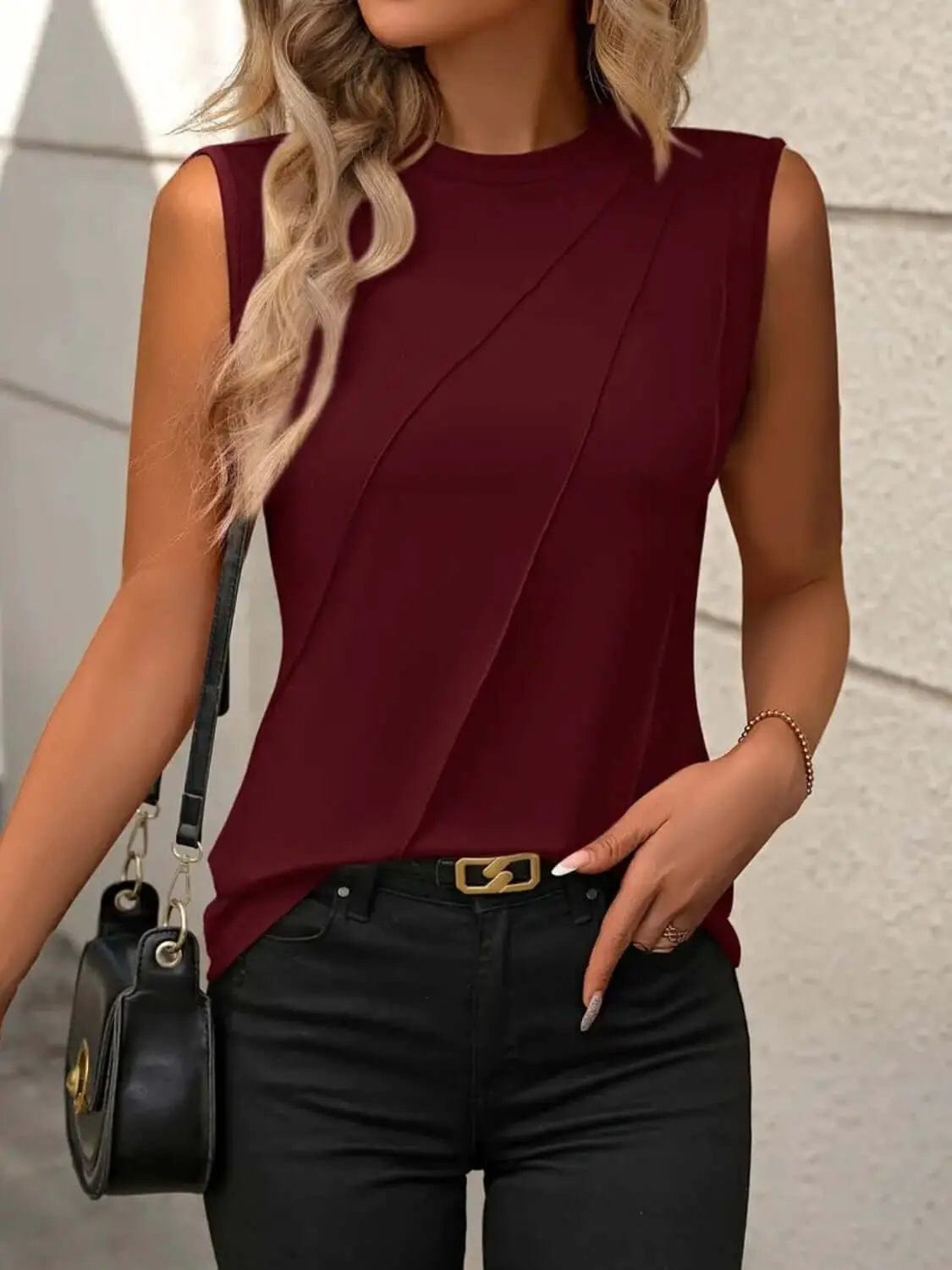 Trendsi Shirts and Blouses Wine / S Round Neck Sleeveless Tank