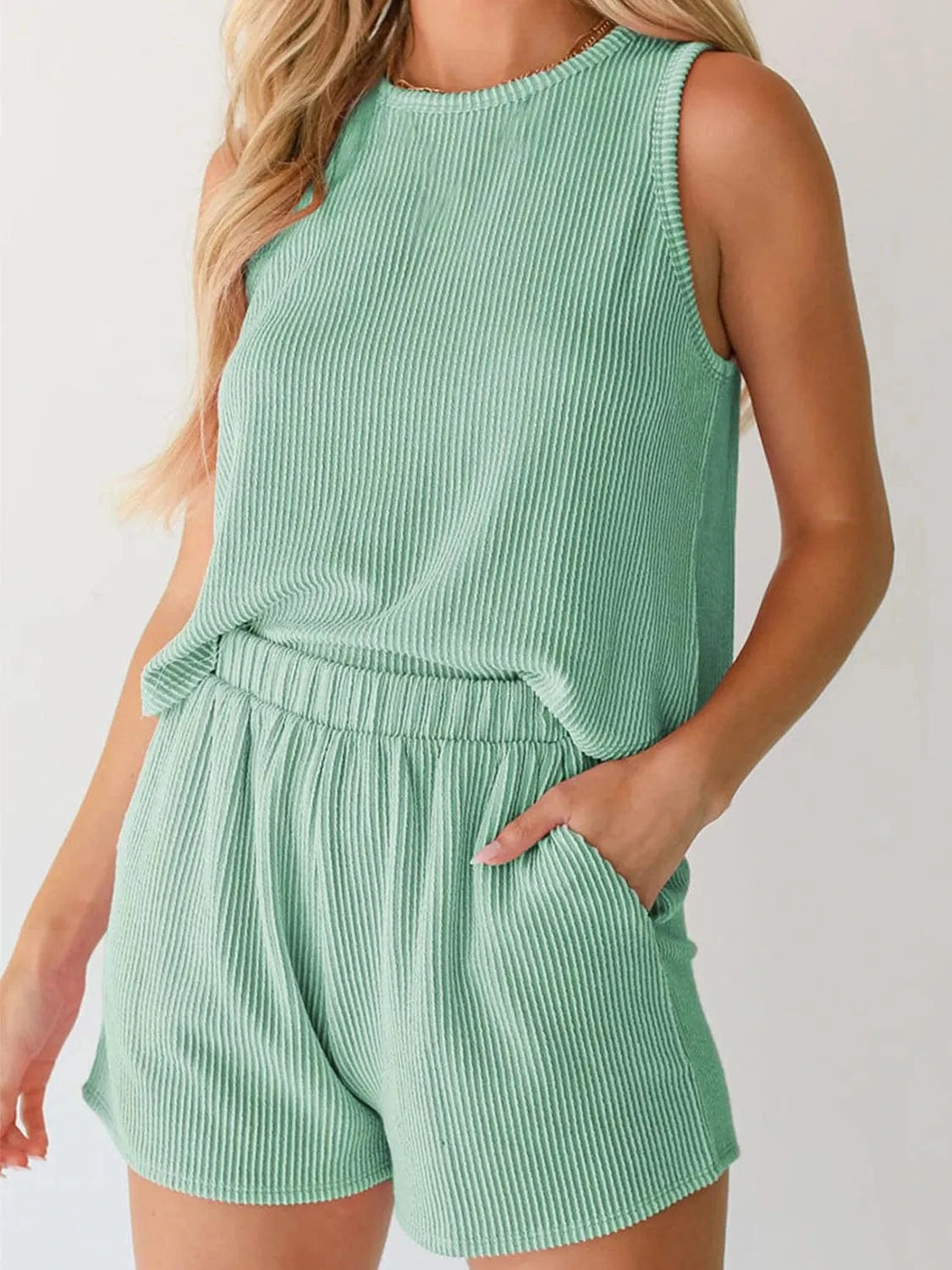 Trendsi Gum Leaf / S Round Neck Sleeveless Top and Shorts Set