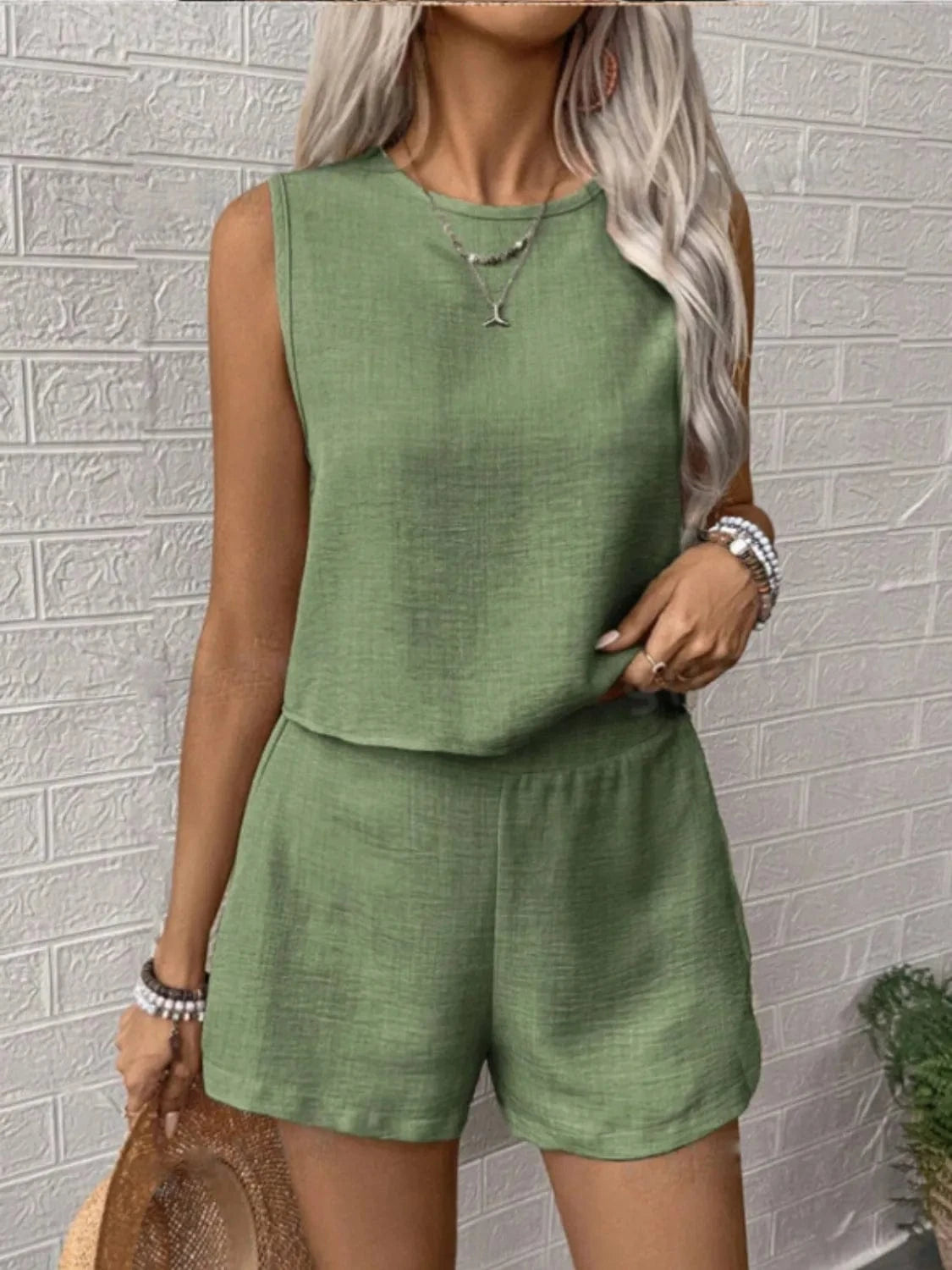 Trendsi set Matcha Green / S Round Neck Sleeveless Top and Shorts Set