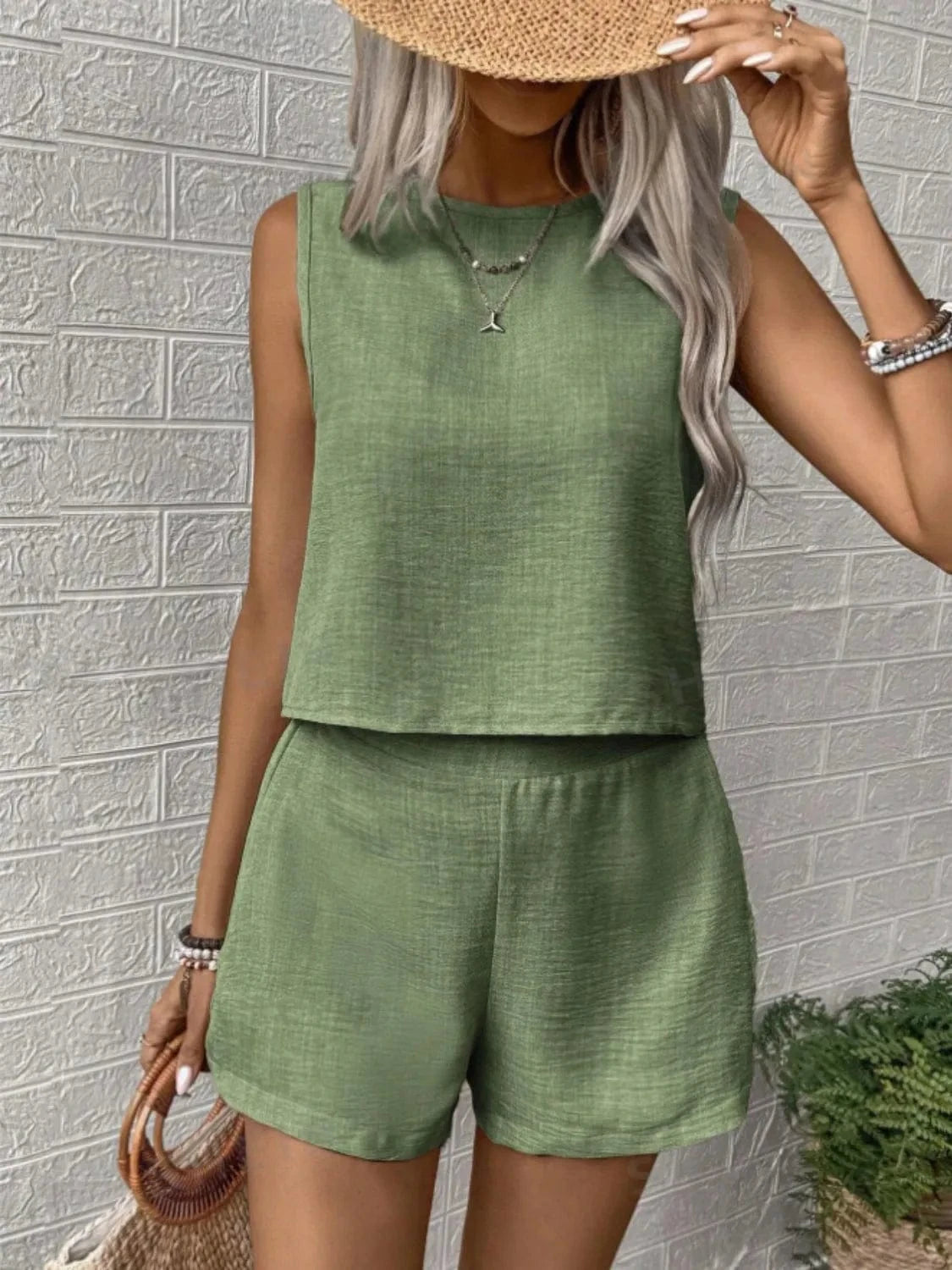 Trendsi set Round Neck Sleeveless Top and Shorts Set