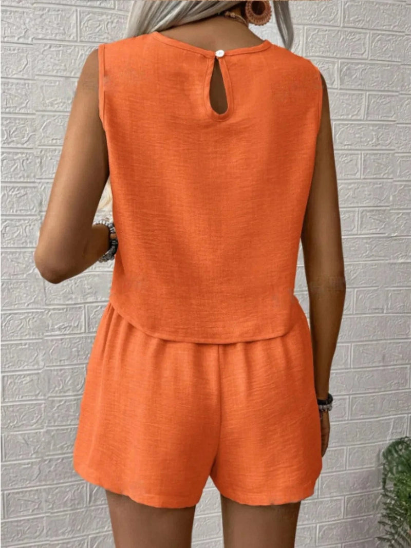 Trendsi set Round Neck Sleeveless Top and Shorts Set
