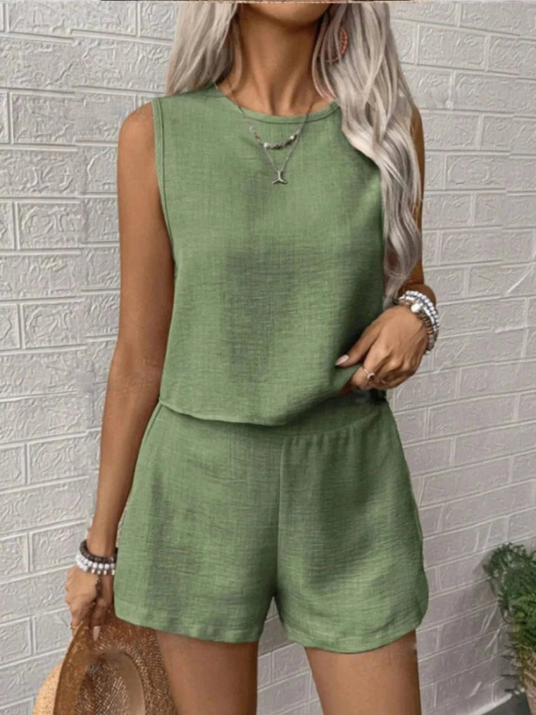Round Neck Sleeveless Top and Shorts Set - Matcha Green by Trendsi from FREYA’S CLOSET