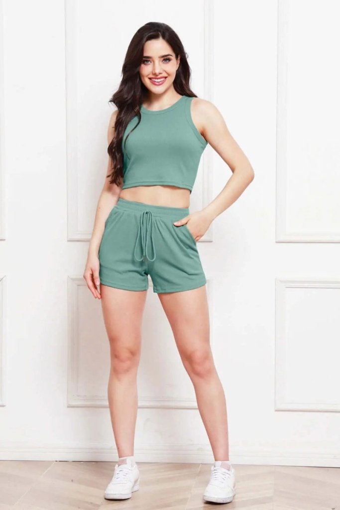 Round Neck Tank and Drawstring Shorts Set - Teal by Trendsi from FREYA’S CLOSET