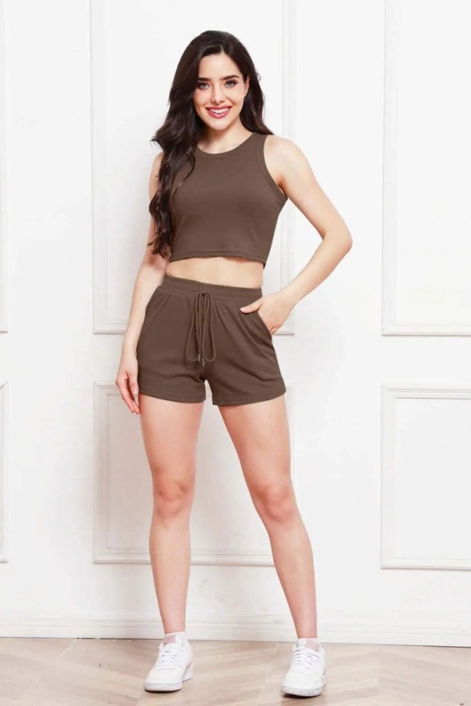 Round Neck Tank and Drawstring Shorts Set - Mocha by Trendsi from FREYA’S CLOSET