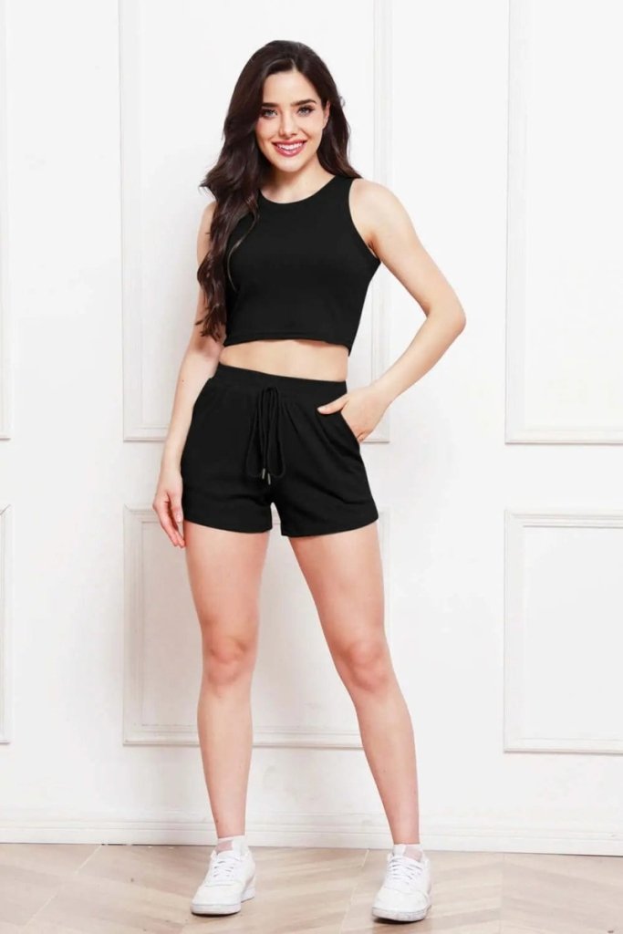 Round Neck Tank and Drawstring Shorts Set - Black by Trendsi from FREYA’S CLOSET