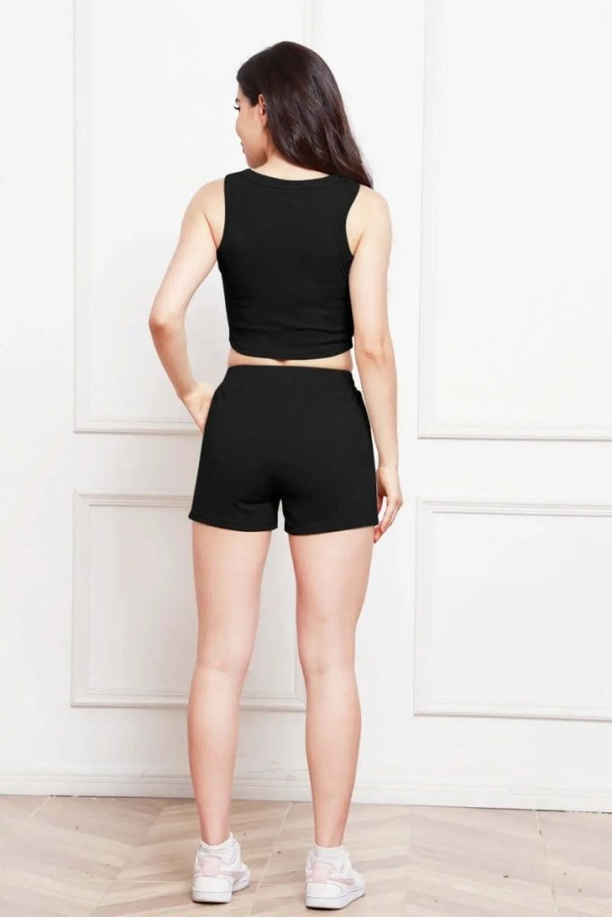 Round Neck Tank and Drawstring Shorts Set - Black by Trendsi from FREYA’S CLOSET
