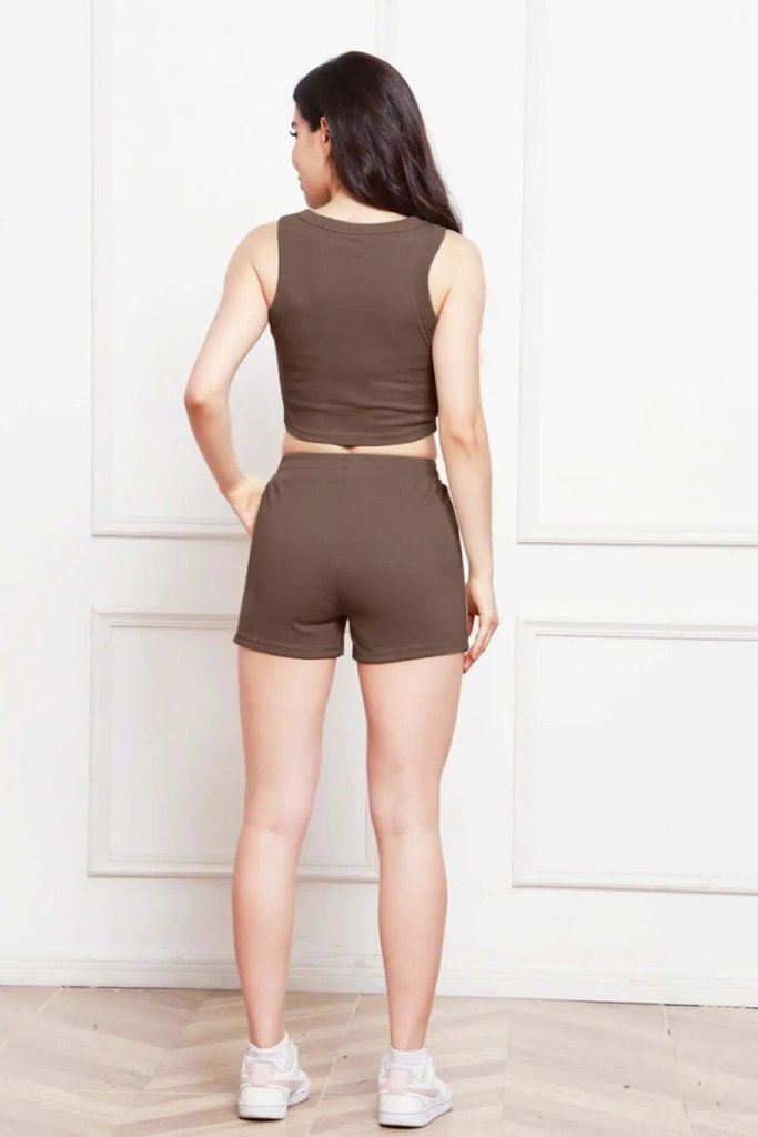 Round Neck Tank and Drawstring Shorts Set - Mocha by Trendsi from FREYA’S CLOSET