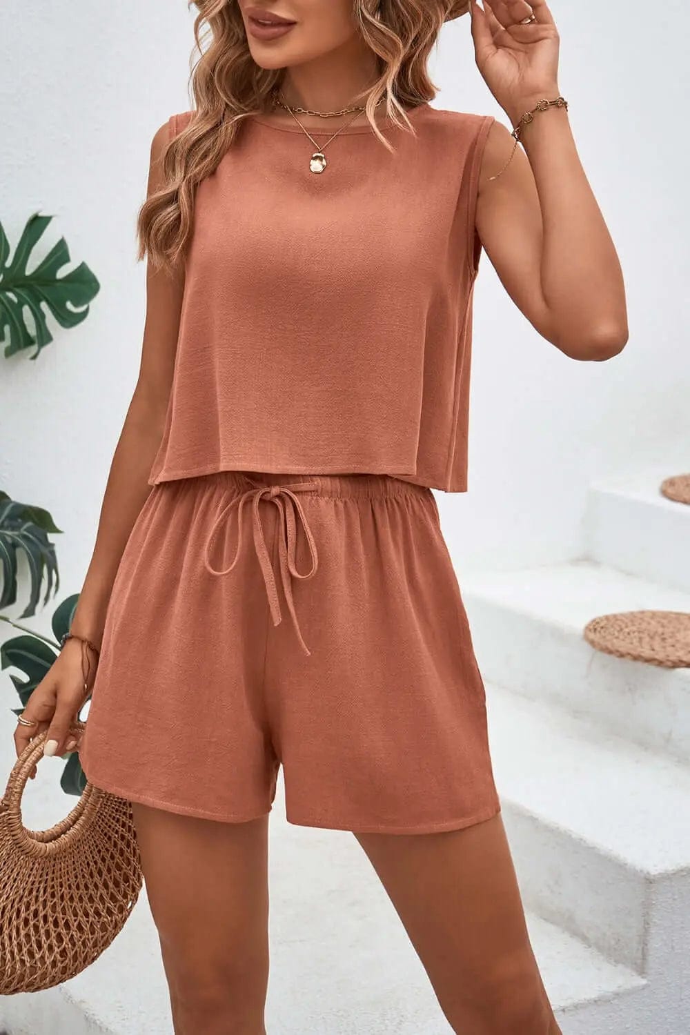 Trendsi Jumpsuits Burnt Coral / S Round Neck Top and Drawstring Shorts Set
