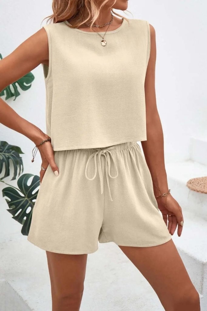 Round Neck Top and Drawstring Shorts Set - Beige by Trendsi from FREYA’S CLOSET