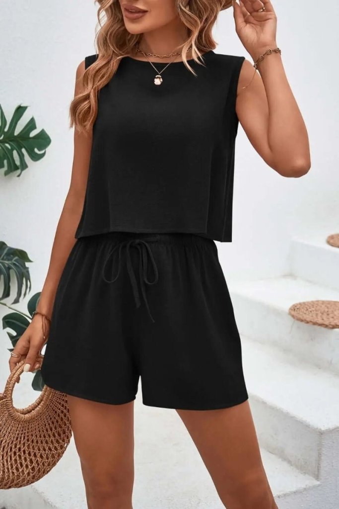 Round Neck Top and Drawstring Shorts Set - Black by Trendsi from FREYA’S CLOSET
