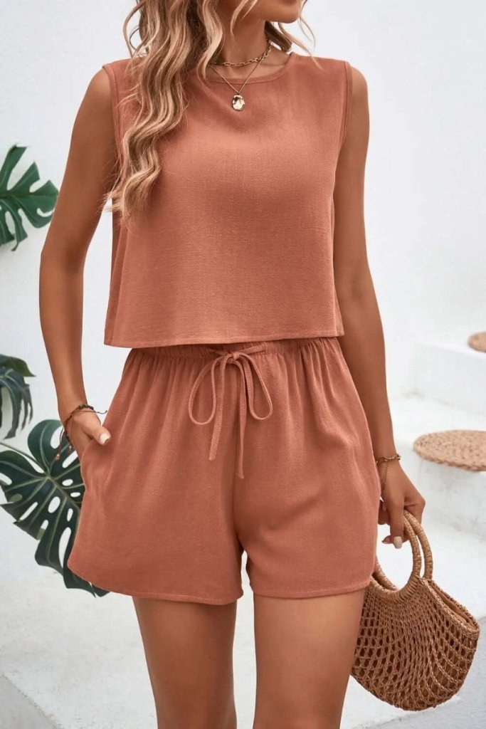 Round Neck Top and Drawstring Shorts Set - Burnt Coral by Trendsi from FREYA’S CLOSET
