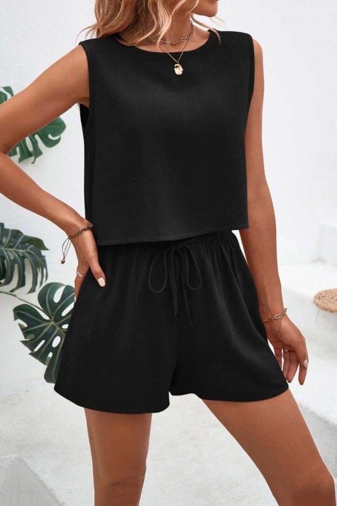 Round Neck Top and Drawstring Shorts Set - Black by Trendsi from FREYA’S CLOSET