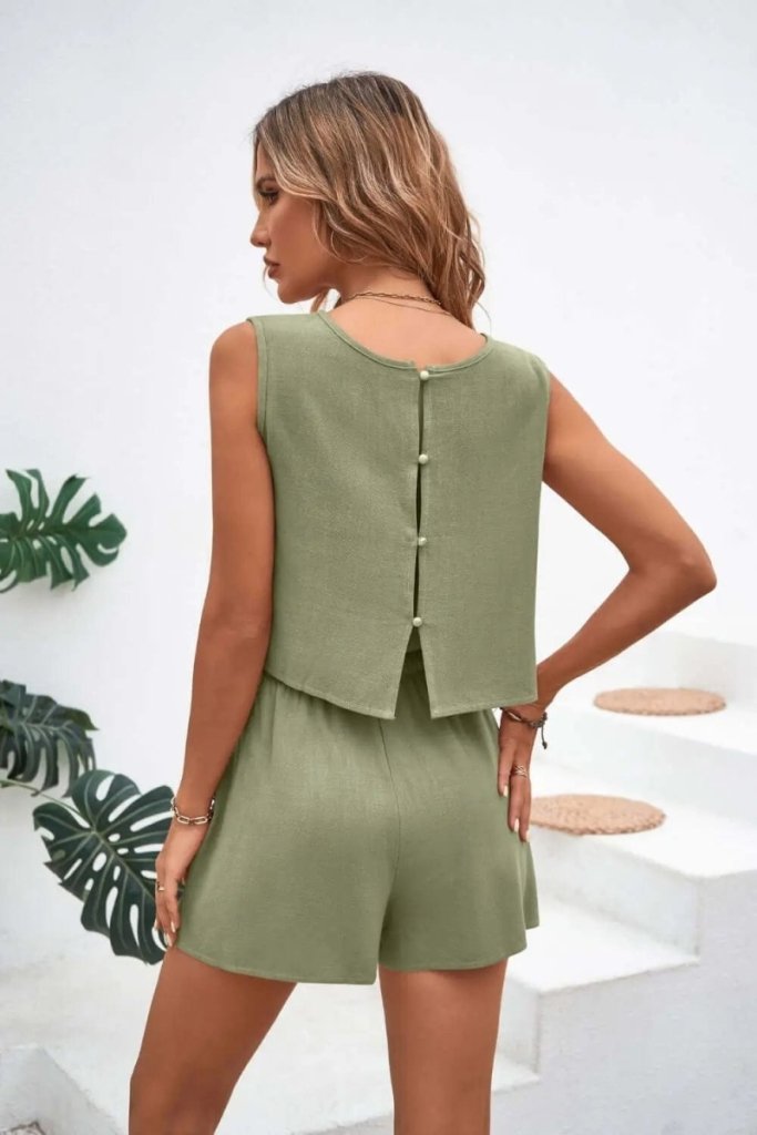 Round Neck Top and Drawstring Shorts Set - Mist Green by Trendsi from FREYA’S CLOSET