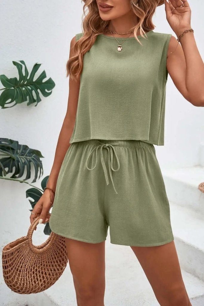 Round Neck Top and Drawstring Shorts Set - Mist Green by Trendsi from FREYA’S CLOSET