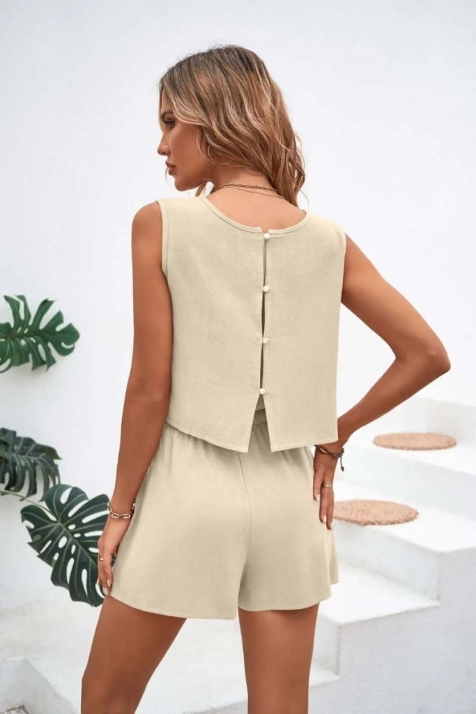 Round Neck Top and Drawstring Shorts Set - Beige by Trendsi from FREYA’S CLOSET