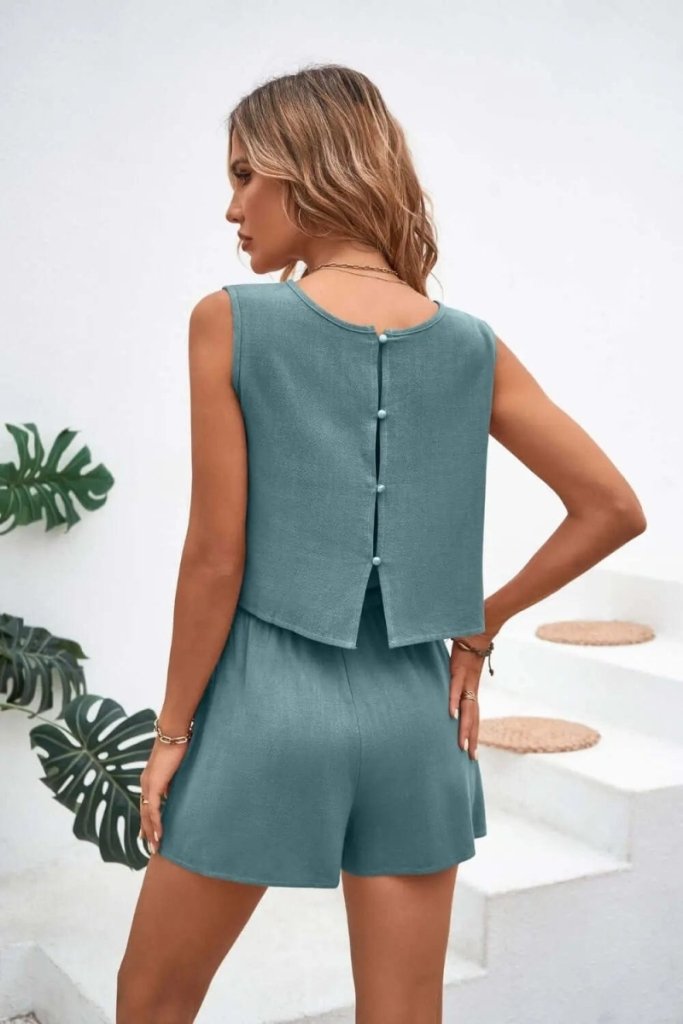 Round Neck Top and Drawstring Shorts Set - Air Force Blue by Trendsi from FREYA’S CLOSET