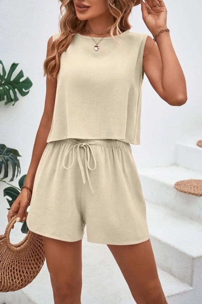Round Neck Top and Drawstring Shorts Set - Beige by Trendsi from FREYA’S CLOSET