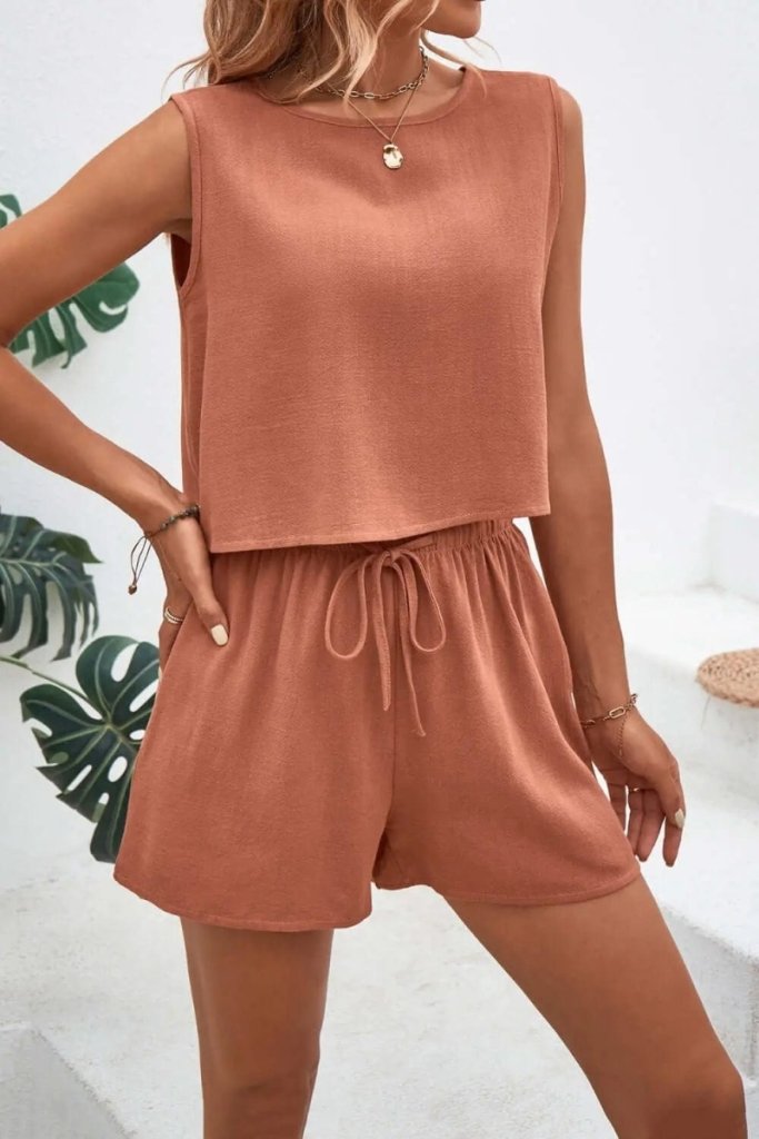 Round Neck Top and Drawstring Shorts Set - Burnt Coral by Trendsi from FREYA’S CLOSET