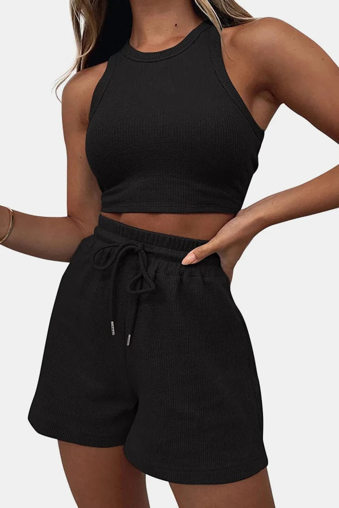 Round Neck Top and Drawstring Shorts Set - Black by Trendsi from FREYA’S CLOSET