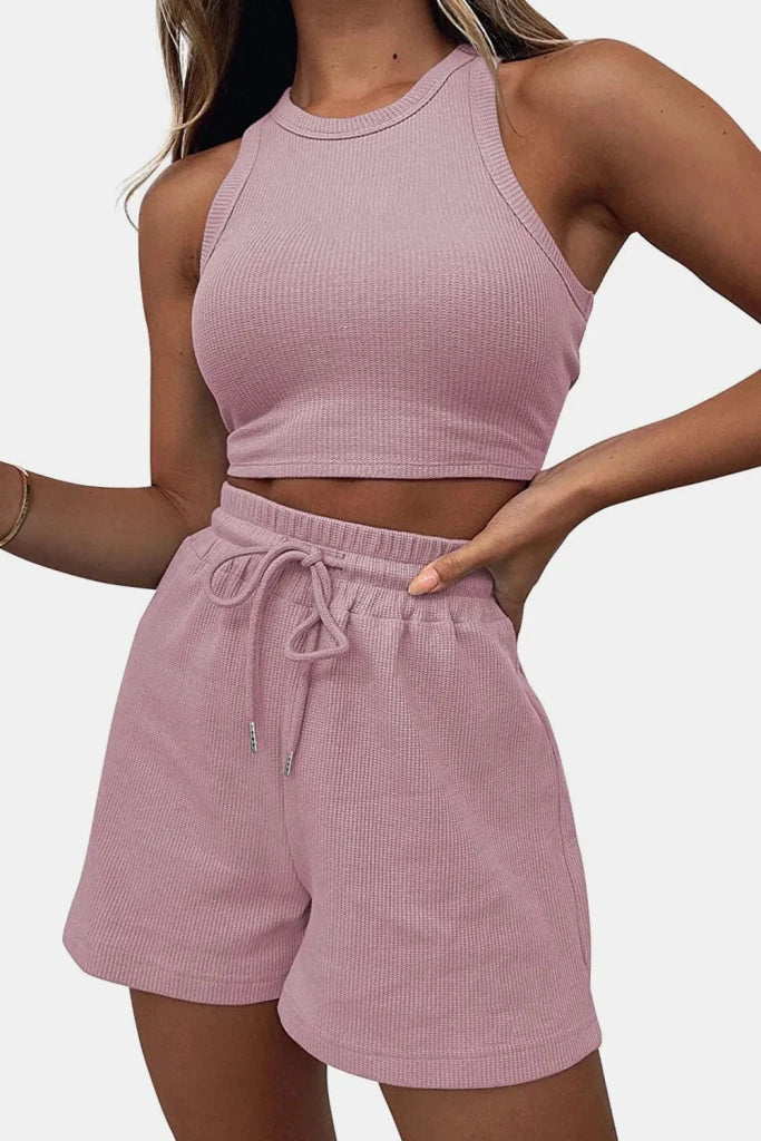 Round Neck Top and Drawstring Shorts Set - Blush Pink by Trendsi from FREYA’S CLOSET