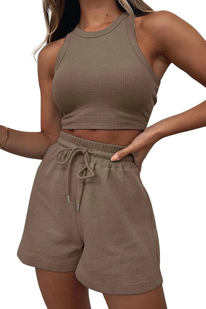Round Neck Top and Drawstring Shorts Set - Chocolate by Trendsi from FREYA’S CLOSET