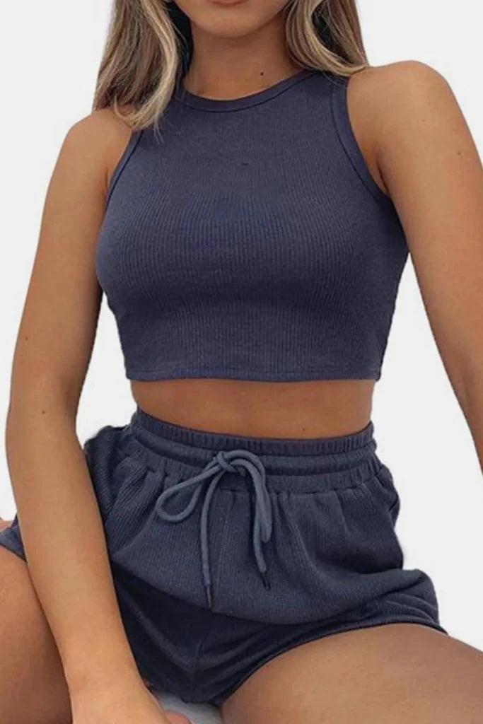 Round Neck Top and Drawstring Shorts Set - Dark Blue by Trendsi from FREYA’S CLOSET