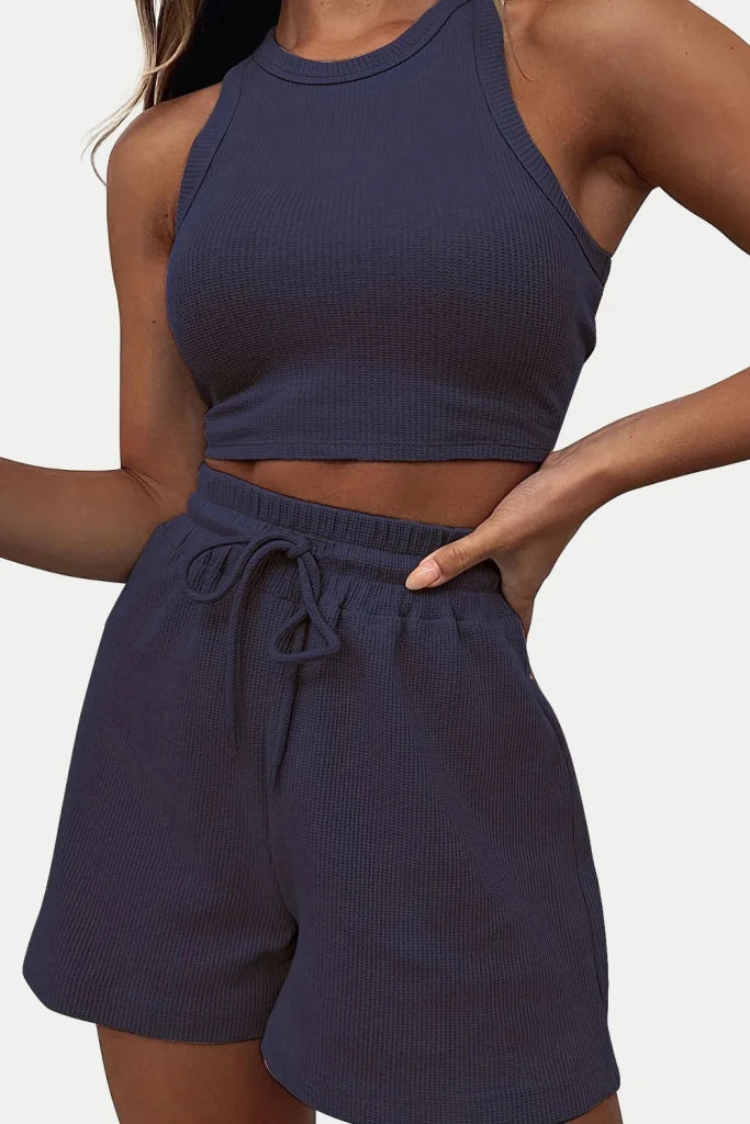 Round Neck Top and Drawstring Shorts Set - Dark Blue by Trendsi from FREYA’S CLOSET