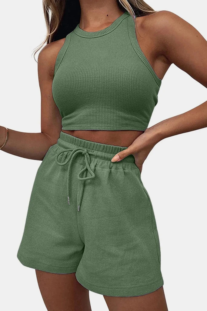 Round Neck Top and Drawstring Shorts Set - Dark Green by Trendsi from FREYA’S CLOSET