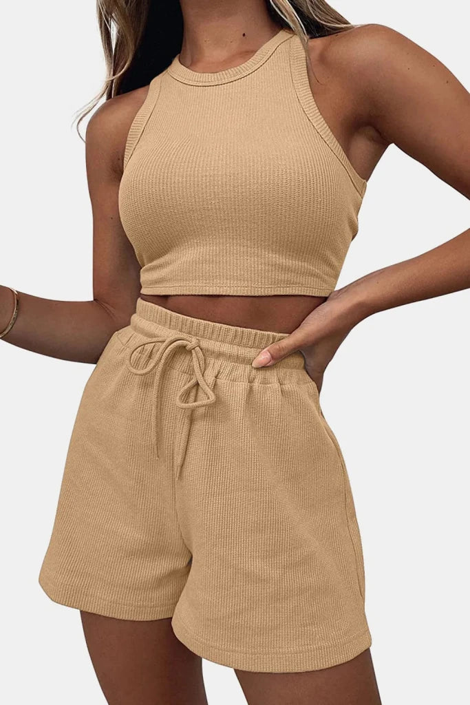 Round Neck Top and Drawstring Shorts Set - Khaki by Trendsi from FREYA’S CLOSET