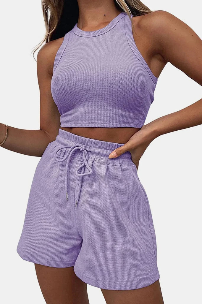 Round Neck Top and Drawstring Shorts Set - Lavender by Trendsi from FREYA’S CLOSET