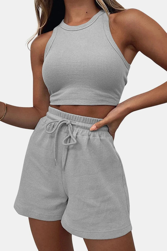 Round Neck Top and Drawstring Shorts Set - Light Gray by Trendsi from FREYA’S CLOSET