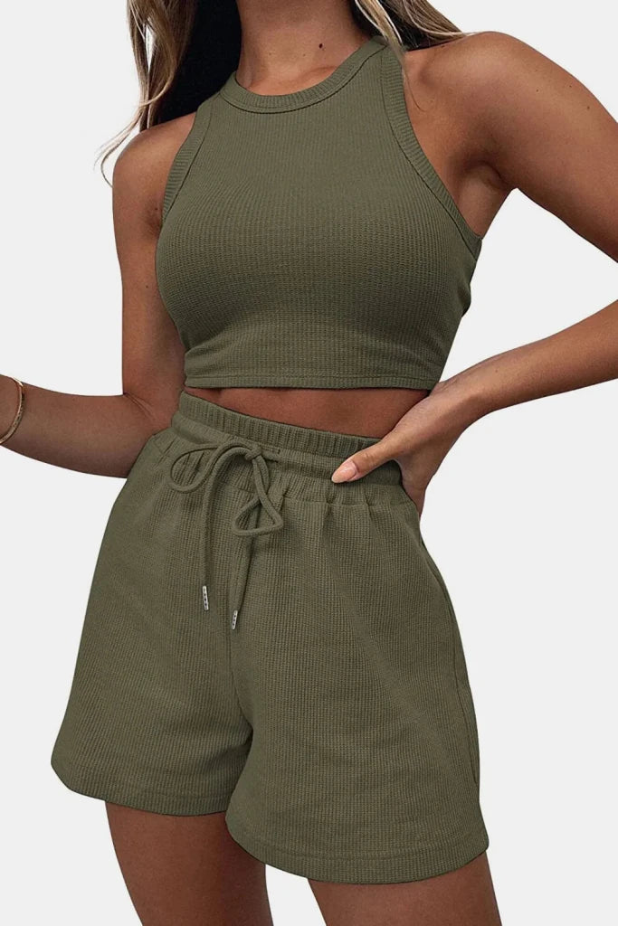 Round Neck Top and Drawstring Shorts Set - Matcha Green by Trendsi from FREYA’S CLOSET