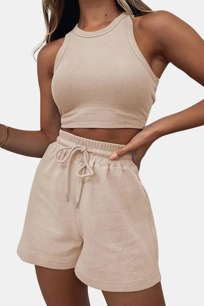 Round Neck Top and Drawstring Shorts Set - Tan by Trendsi from FREYA’S CLOSET