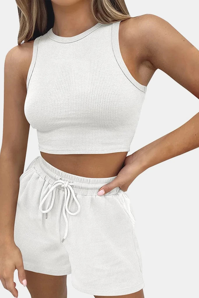 Round Neck Top and Drawstring Shorts Set - White by Trendsi from FREYA’S CLOSET