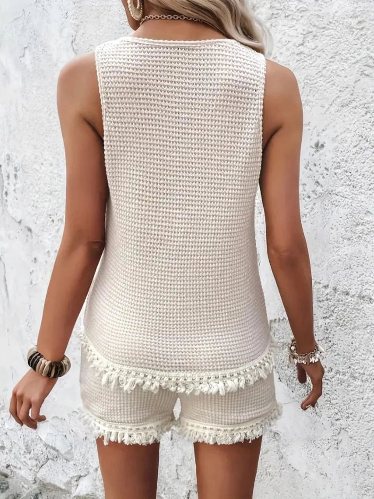Round Neck Wide Strap Tank and Shorts Set - Cream by Trendsi from FREYA’S CLOSET