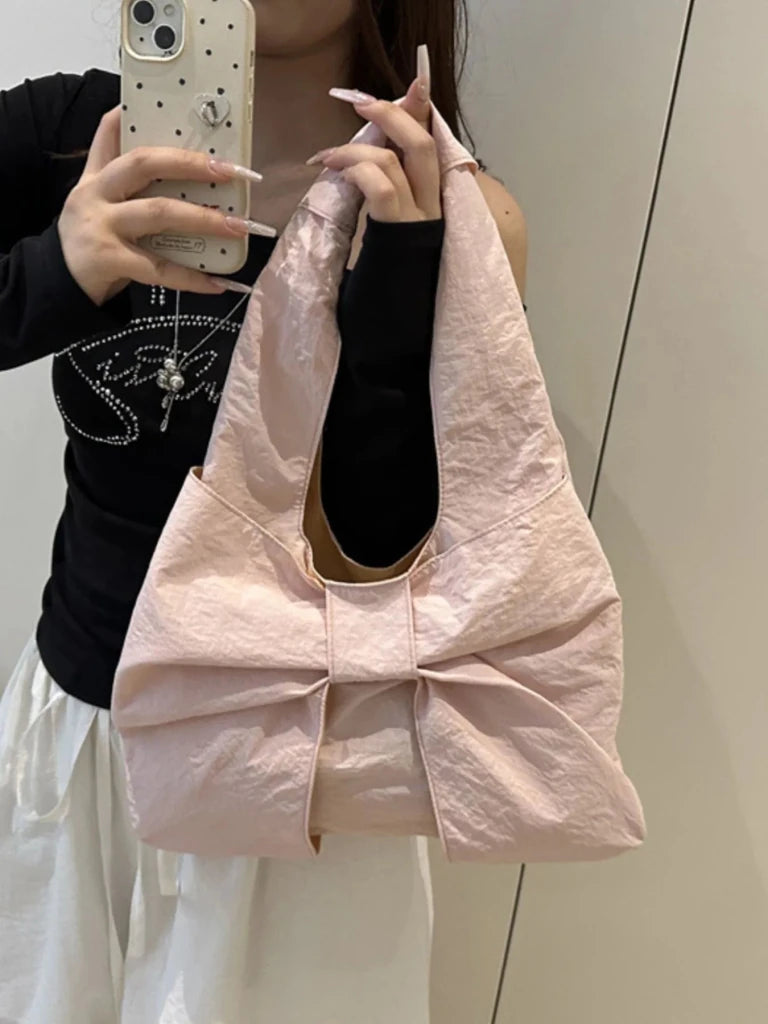 Ruched Bow Shoulder Bag - Pink by Trendsi from FREYA’S CLOSET