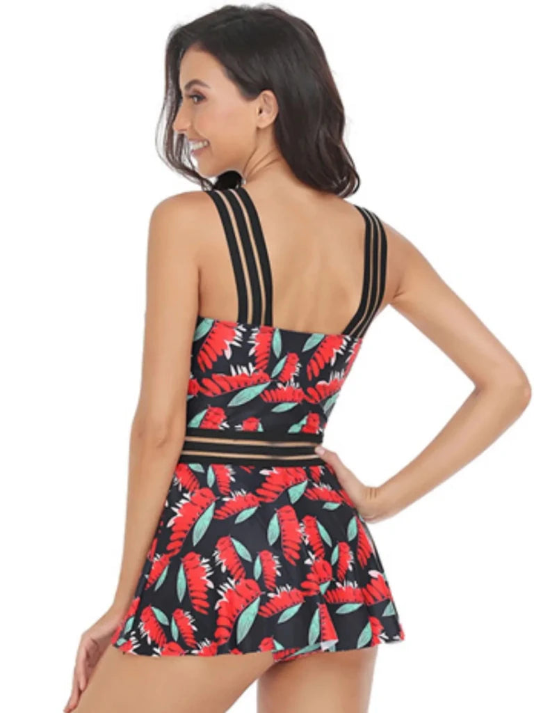 Ruched Printed Sweetheart Neck Two - Piece Swim Set - Deep Red by Trendsi from FREYA’S CLOSET