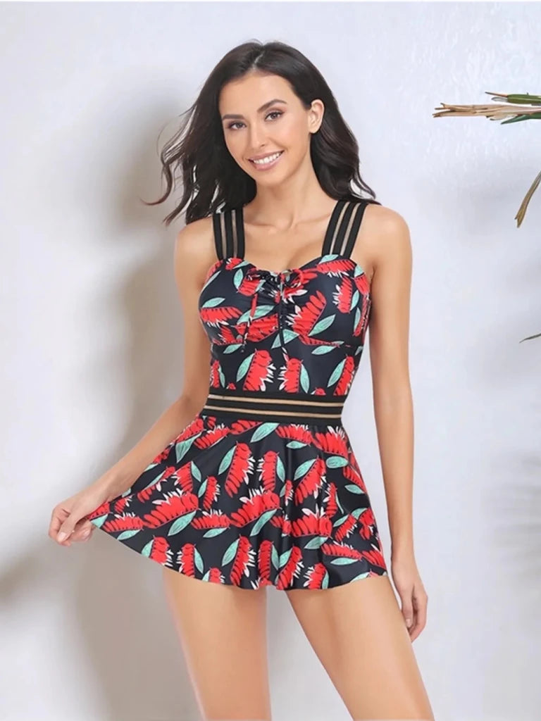 Ruched Printed Sweetheart Neck Two - Piece Swim Set - Deep Red by Trendsi from FREYA’S CLOSET