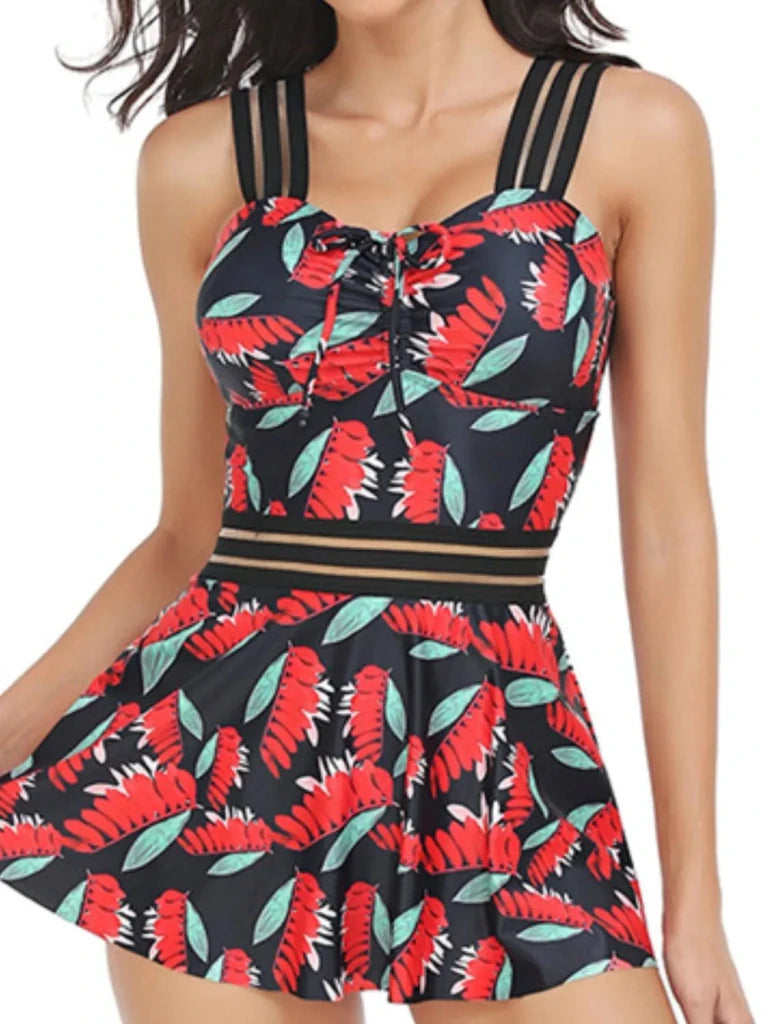 Ruched Printed Sweetheart Neck Two - Piece Swim Set - Deep Red by Trendsi from FREYA’S CLOSET