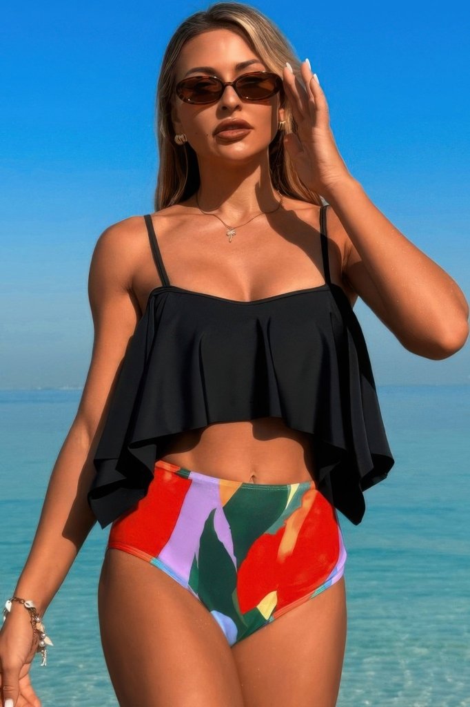 Ruffle Top High Waisted Bottom Tankini Swimsuit - Black by FREYA’S CLOSET from FREYA’S CLOSET