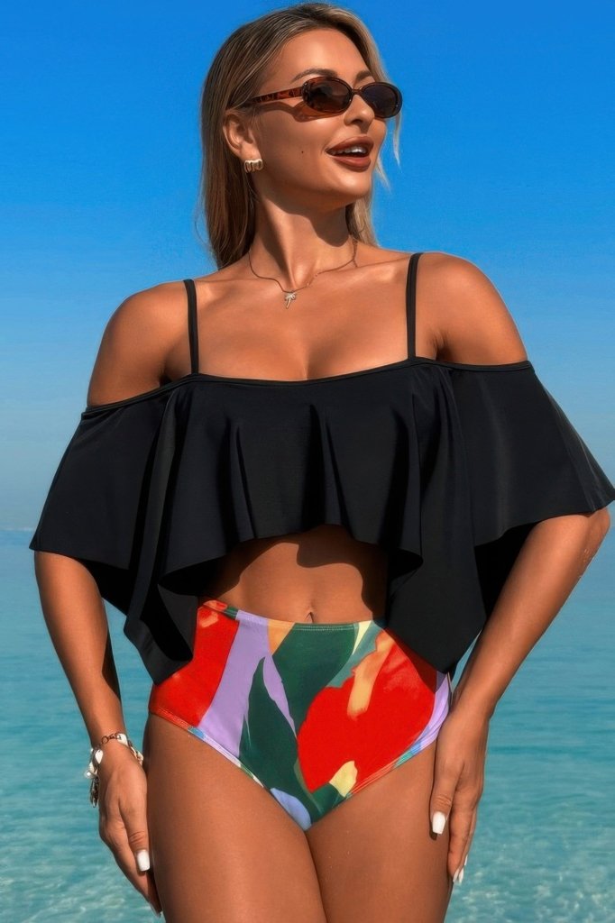 Ruffle Top High Waisted Bottom Tankini Swimsuit - Black by FREYA’S CLOSET from FREYA’S CLOSET