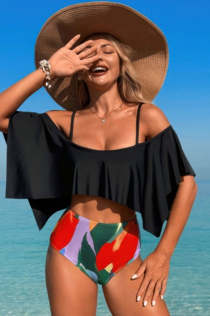 Ruffle Top High Waisted Bottom Tankini Swimsuit - Black by FREYA’S CLOSET from FREYA’S CLOSET