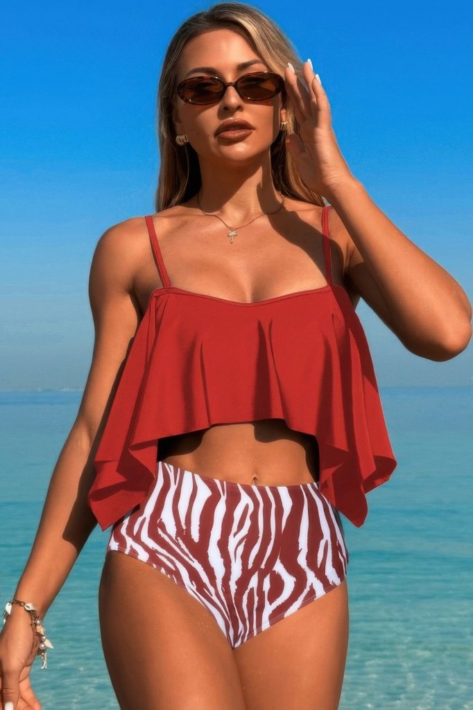 Ruffle Top High Waisted Bottom Tankini Swimsuit - Red by FREYA’S CLOSET from FREYA’S CLOSET