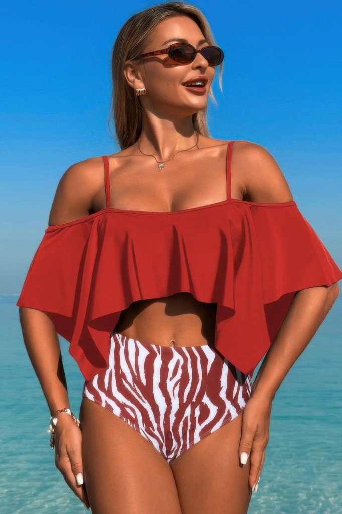 Ruffle Top High Waisted Bottom Tankini Swimsuit - Red by FREYA’S CLOSET from FREYA’S CLOSET